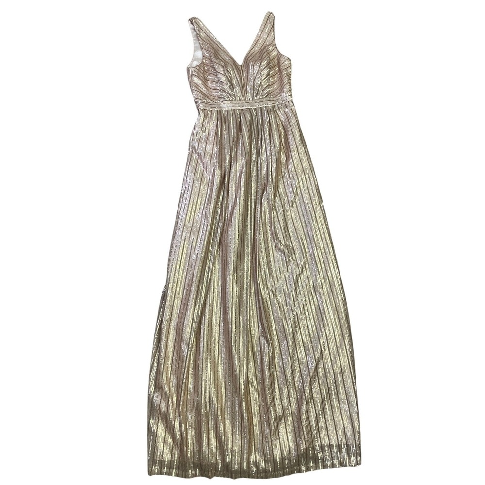 Adrianna Papell Weddington Way Gold Sequin Pleated Maxi Gown Formal Dress 2 - Picture 2 of 10